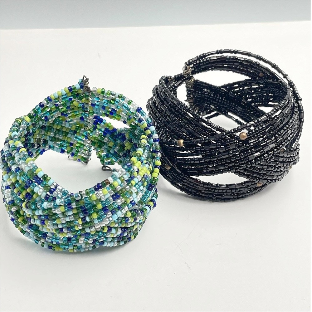 Vintage 90s Multi-Strand Seed Bead Cuff Bracelet Mix Blue Black Braided Jewelry